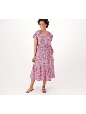 Destination 365 Midi Dress XS Regular Printed Short Sleeve Smocking Fuchsia Pink